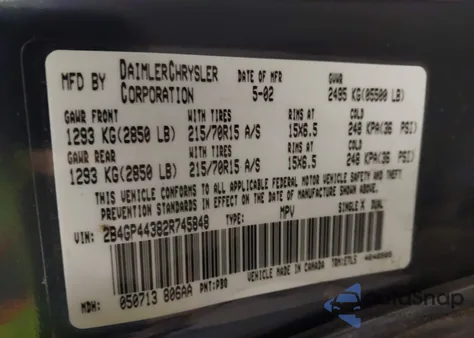 2002 Dodge Grand Caravan Sport z USA, uszkodzony, nr VIN 2B4GP44382R745848